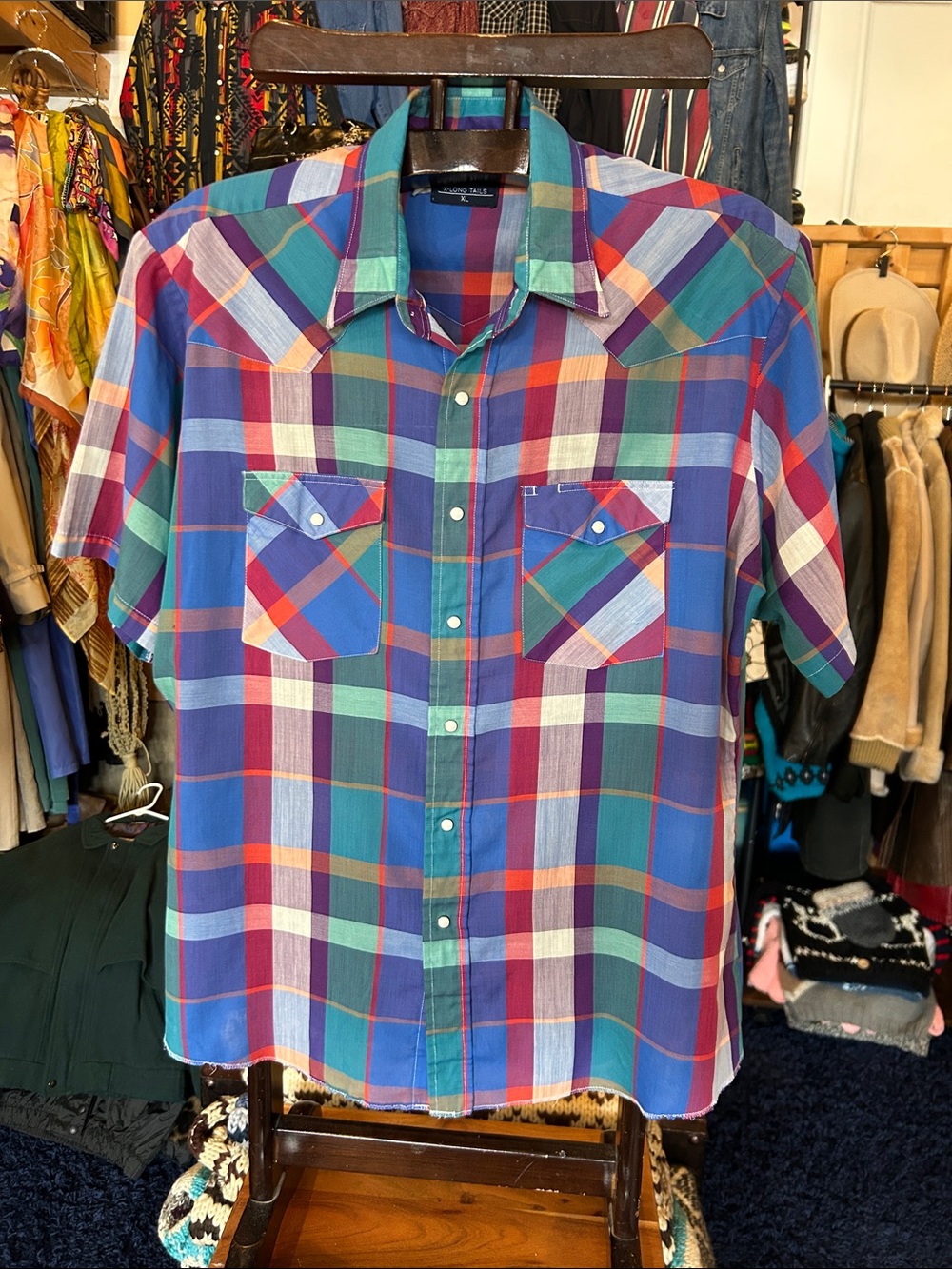 Men's Short-Sleeve Plaid Western Shirt in Blue & Green